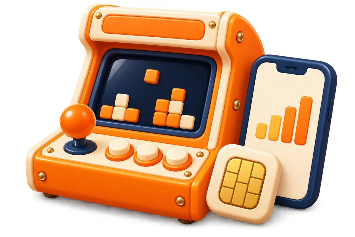 An orange PLAYUS arcade cabinet, app screen and eSIM representing data rewards partnerships
